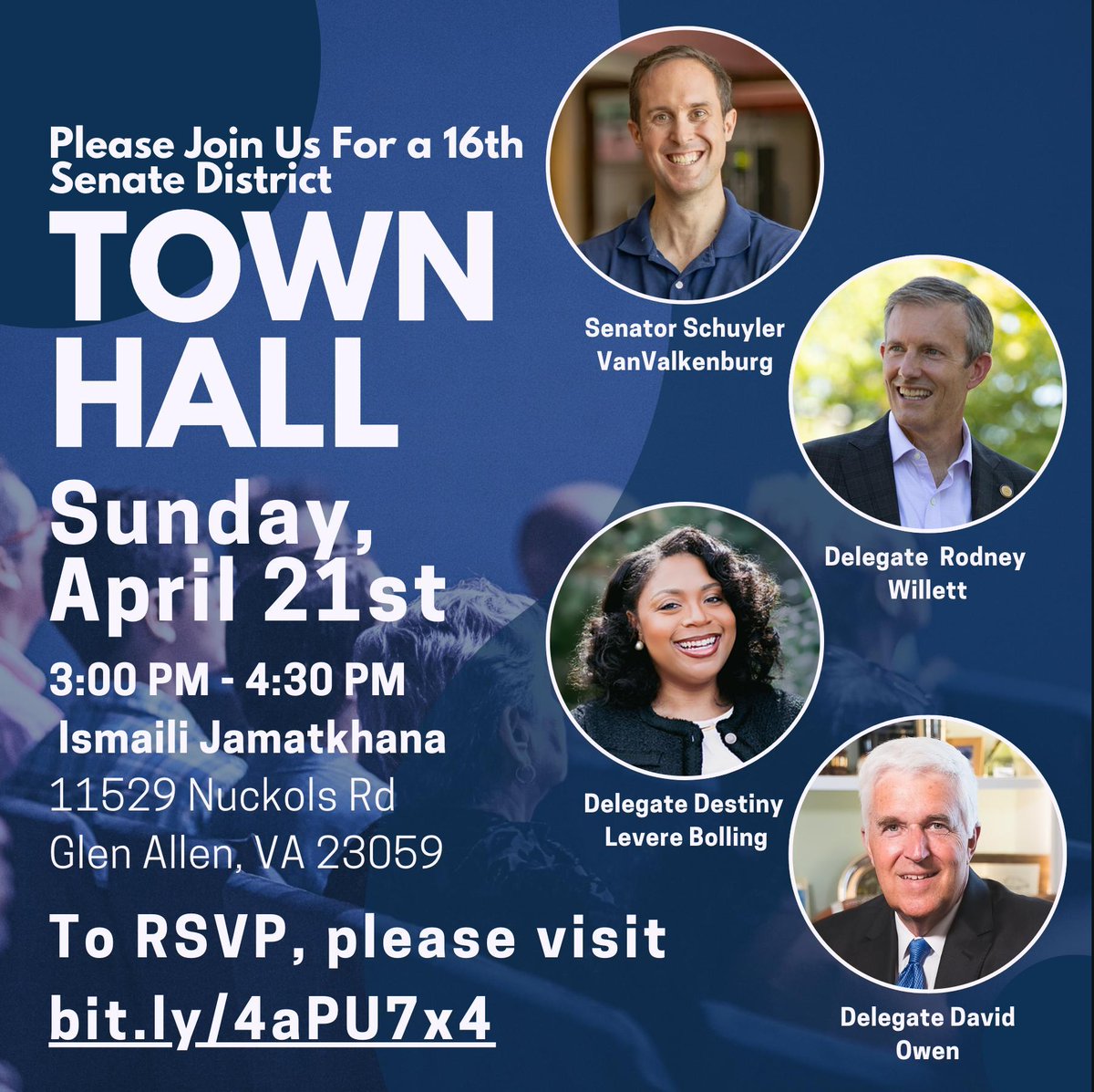 I'm joining my colleagues in the VA 16th Senate District for a town hall 📢THIS SUNDAY📢 at the Ismaili Jamatkhana in Glen Allen! You should come, and bring a friend, too! Register here: bit.ly/4aPU7x4