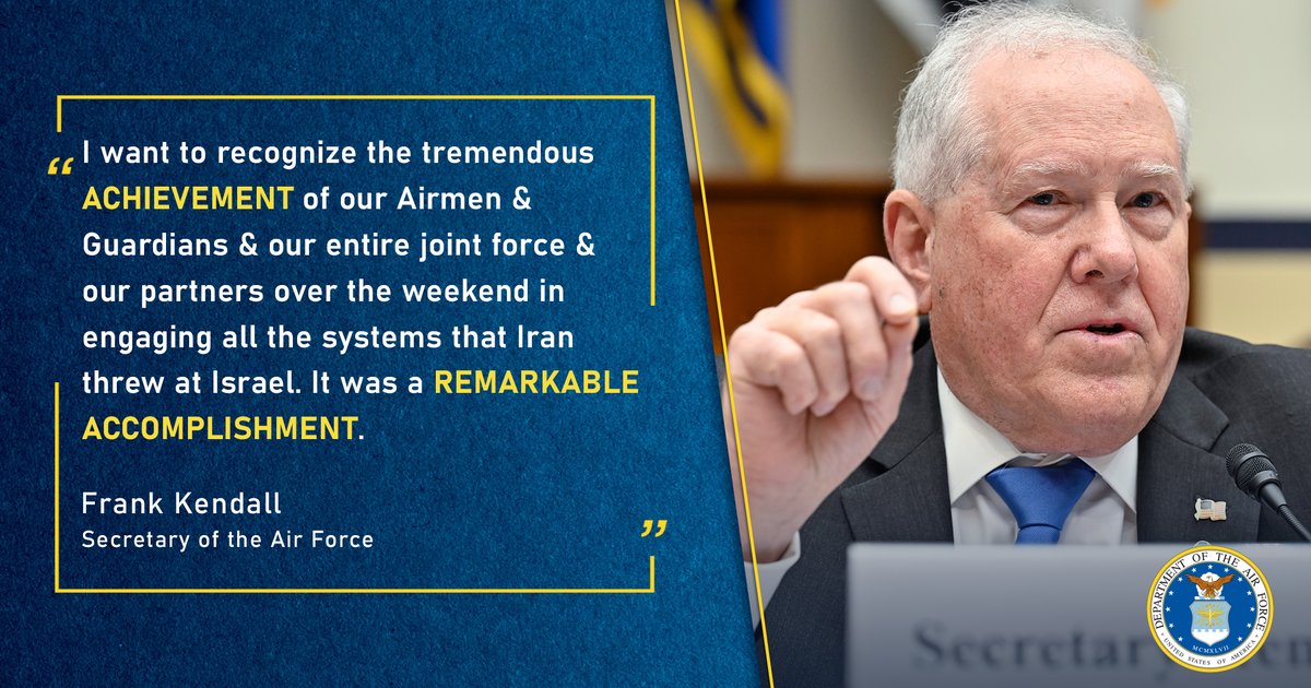 SecAF Frank Kendall praised the recent actions of Air Force Airmen & Space Force Guardians in the CENTCOM area of responsibility while testifying to the House Armed Services Committee April 17. Read more 👇 af.mil/news/article-d…