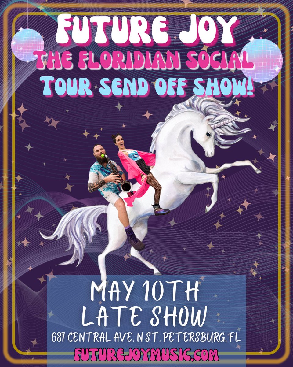 futurejoymusic's tweet photo. ST. PETE, FL Friday May 10 !!!! You asked and we heard you, join us for our TOUR SEND OFF at @floridiansocial !!!!!! Weโll be on the road for 5 months ๐๐จ Limited $8 Early bird tix available NOW at FutureJoyMusic dot com
#FutureJoy #FloridianSocial #StPeteMusic #TourSendOff https://t.co/k6p3JqA5nm