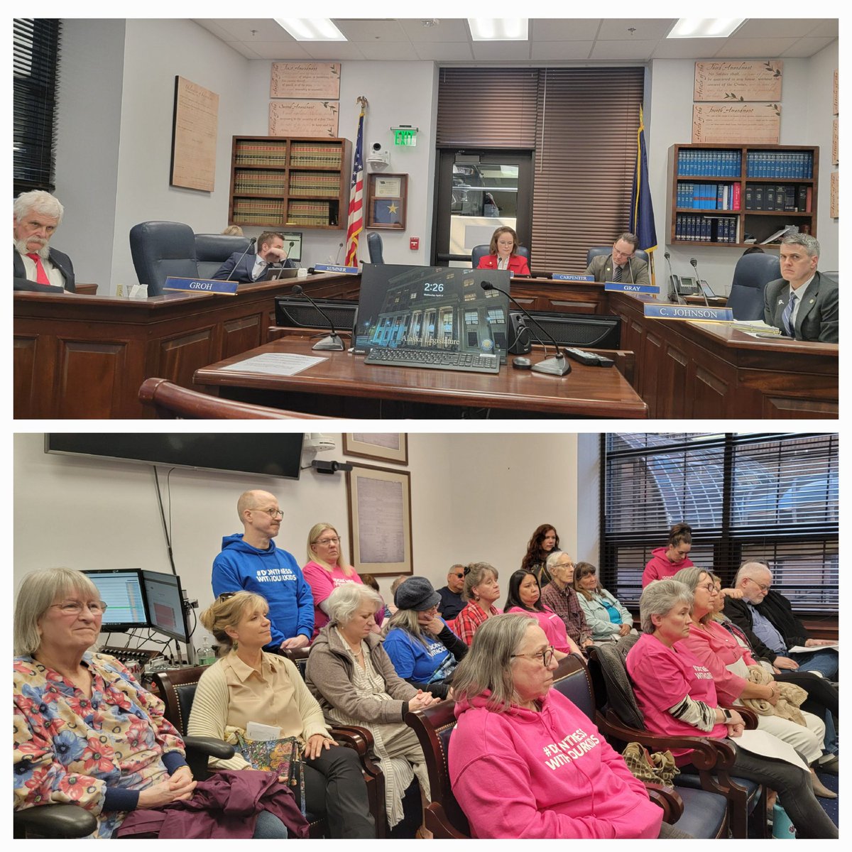 Public testimony on HB 338 has concluded. These pink shirt people verbally attacked people who opposed the bill. It was incredibly tense and ugly. Thank you to those who called in.