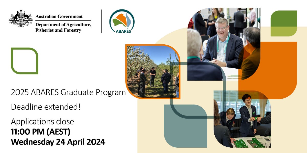 📣 This just in! 📣 Application deadline for the 2025 ABARES Graduate Program is extended until 11pm AEST Wednesday 24 April. 👉 Apply now! Visit: brnw.ch/21wIVhq #ABARES #graduates #gradprogram #agriculture