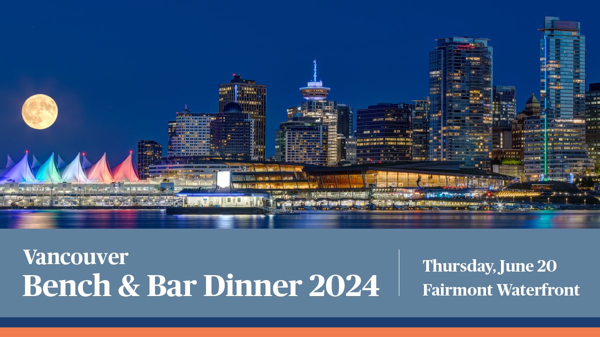 Enjoy dinner and networking with lawyers and judges at the 38th annual Bench & Bar Dinner Vancouver, where awards are presented from CBABC, @CLEBC and @LAP_BC. Get tickets: bit.ly/4aJMSYc