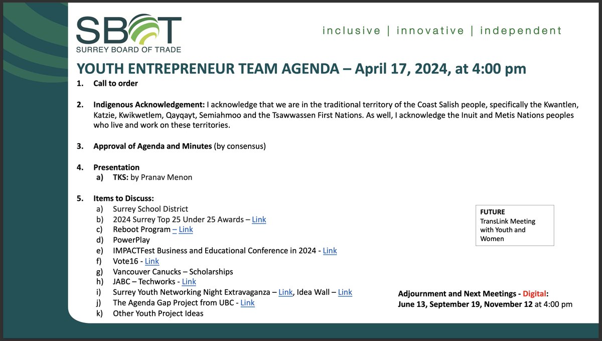 SURREY YOUTH FOCUS: On the docket of the April 2024 Surrey Youth Entrepreneur Team Meeting. To join or for more information, please visit: businessinsurrey.com/policy/youth-e…