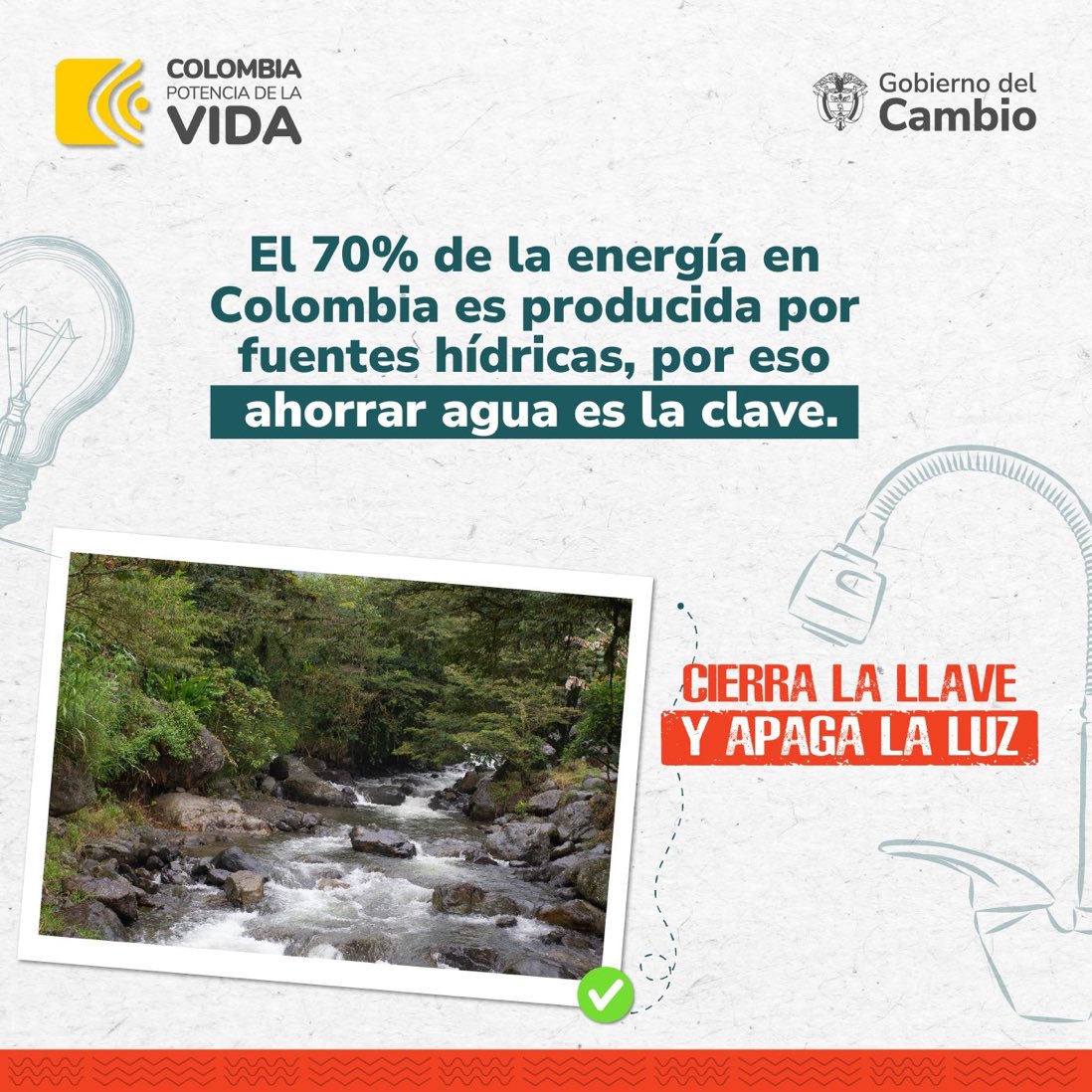 ¿Sabes de dónde proviene la energía que utilizamos? 🤔 En Colombia, 🇨🇴 el 70 % de la energía🔋que se produce proviene de fuentes hídricas. Tomemos conciencia, #CierraLaLlaveYApagaLaLuz 🚰💡