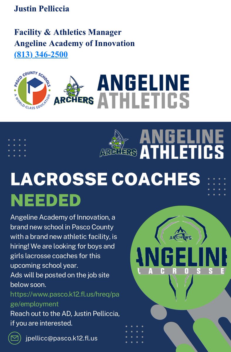 New school looking for lacrosse coaches for boys and girls programs. 
Contact Justin Pelliccia 

<a href="/FloridaLX/">FloridaLacrosseNews</a>