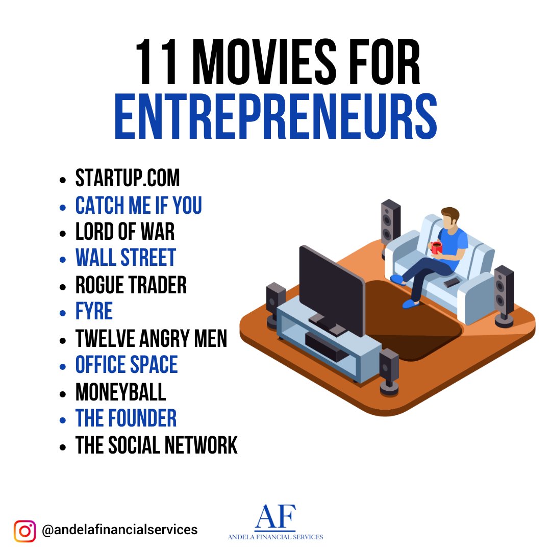 Here are 11 movies to watch for entrepreneurs.👍
.
.
.
 #creditrepairservices #businessfunding #fixandflip #realestate #andelafinancialservices