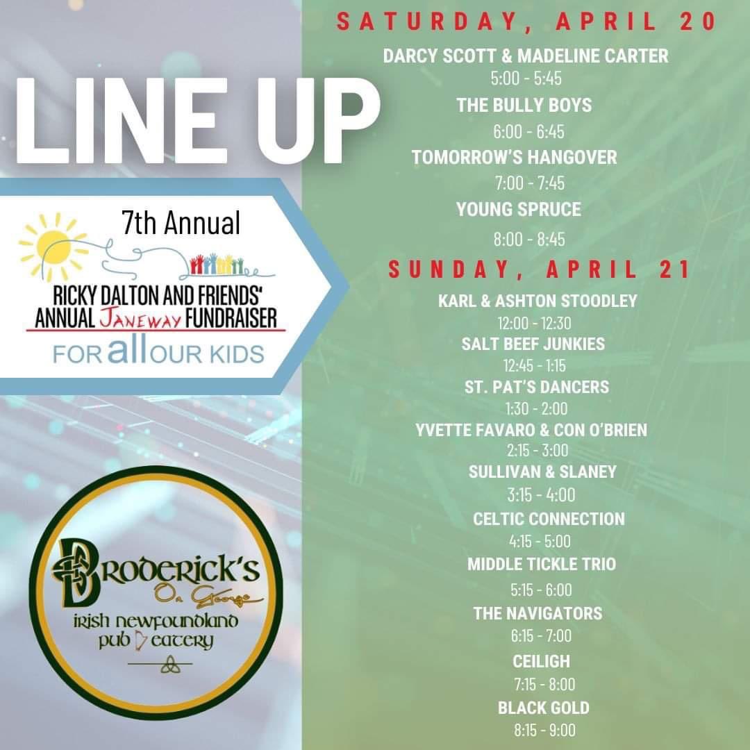 This weekend come down to Brodericks on George to support the Janeway , have an amazing lineup along with door prize and 50/50 tickets . It $10 donations on door ! Please Retweet!! <a href="/LoyolaOD/">Loyola O'Driscoll</a> @kellycarew80 <a href="/kimkelly124/">Kim Kelly</a> <a href="/DannyBreenNL/">Mayor Danny Breen 🇨🇦</a> <a href="/JanewayNL/">Janeway Children’s Hospital Foundation</a>