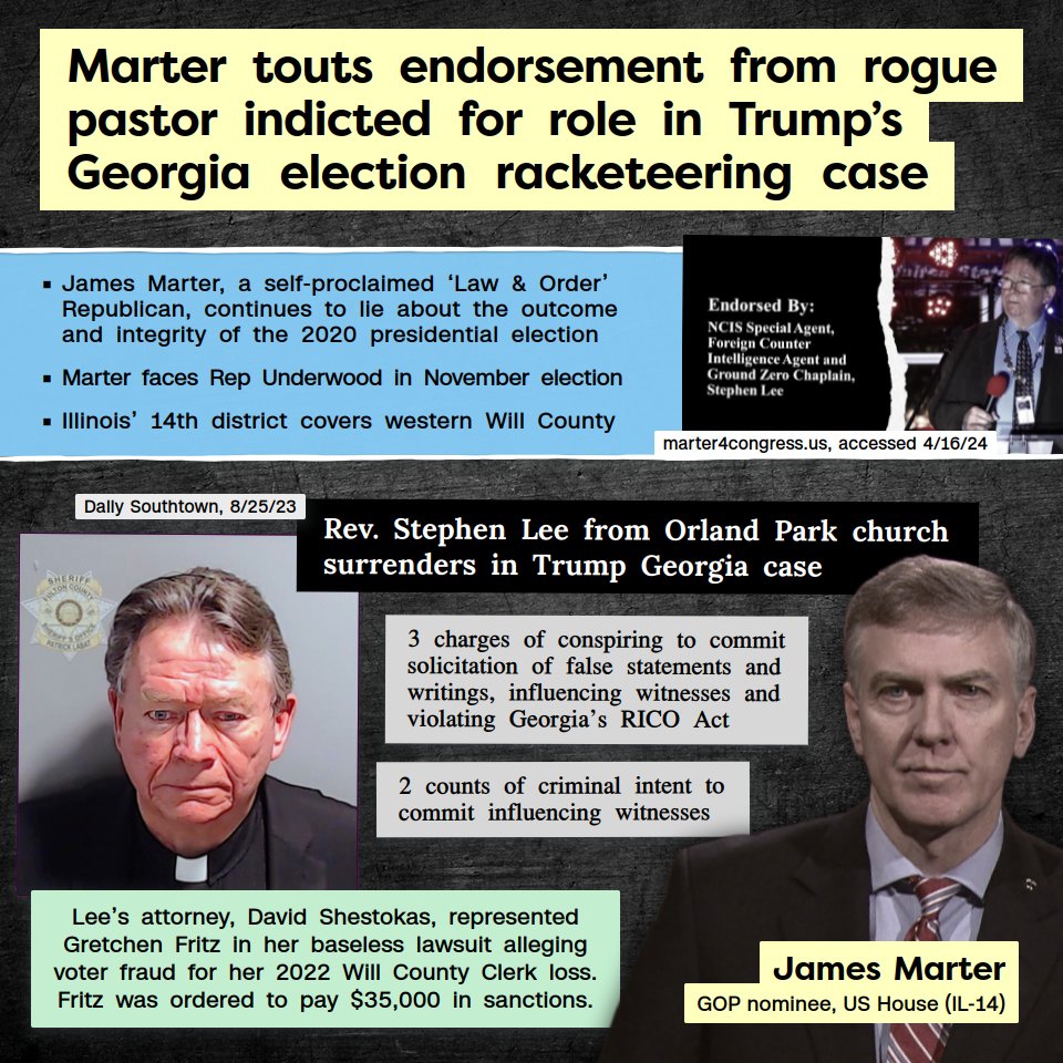 James Marter, the @ILGOP nominee for US House (IL-14), touts an endorsement from Rev Stephen Lee, the local pastor indicted for his role in Trump's Georgia election racketeering case. @marter4congress remains a vocal peddler of lies and conspiracy theories about the '20 election.