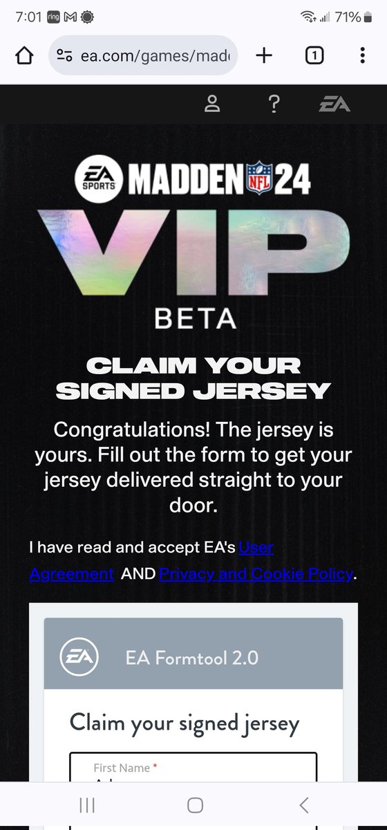 RustyRudder's tweet image. Anyone else in the #Madden VIP beta get a call today with a website to claim a free autographed jersey? @Zirksee have you seen this?