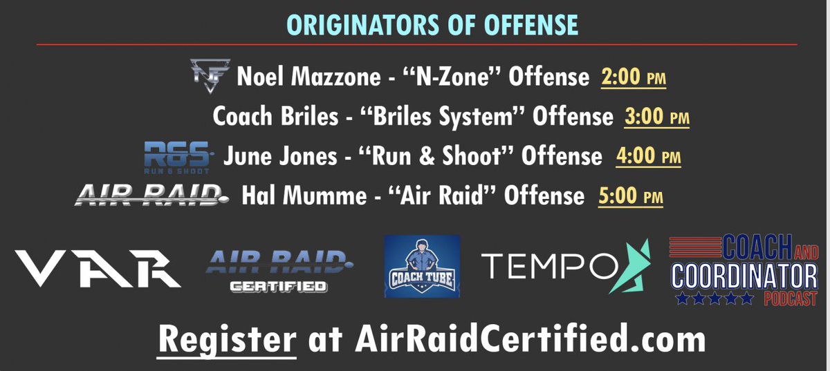 When you have an opportunity to learn from some of the great minds and influencers of football, you take it Register for the @AirRaidCert National Convention June 28-29 airraidcertified.com/convention #TXHSFBCHAT