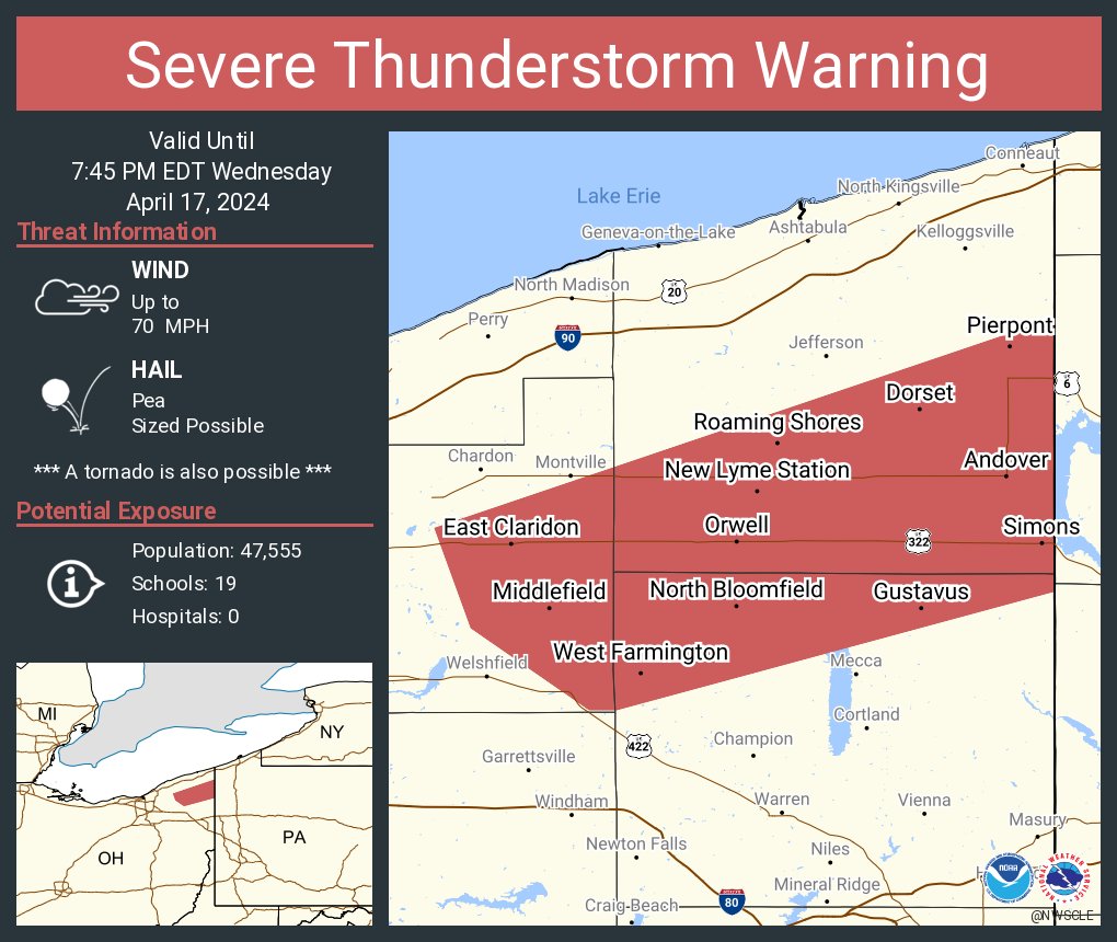 Severe Thunderstorm Warning continues for Middlefield OH, Orwell OH and Roaming Shores OH until 7:45 PM EDT. This storm will contain wind gusts to 70 MPH!