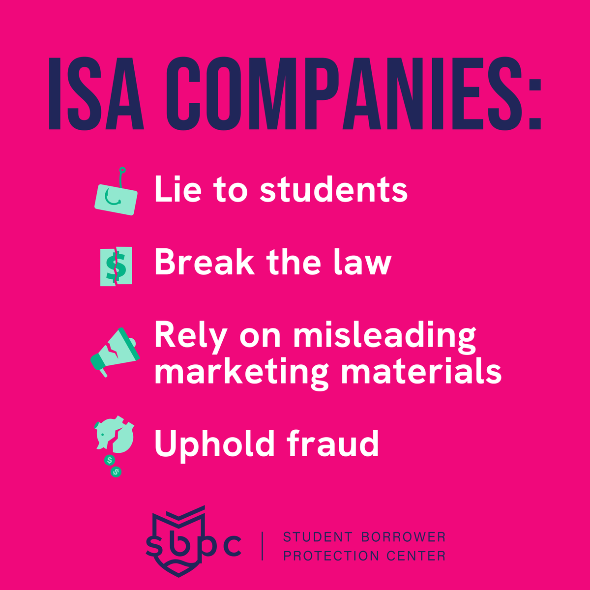Income Share Agreements (ISAs) are a pricey, opaque form of private student loan armed with $$$ from Wall Street and Silicon Valley. ISA companies: ❌Lie to students ❌Break the law ❌Rely on misleading marketing materials ❌Uphold fraud
