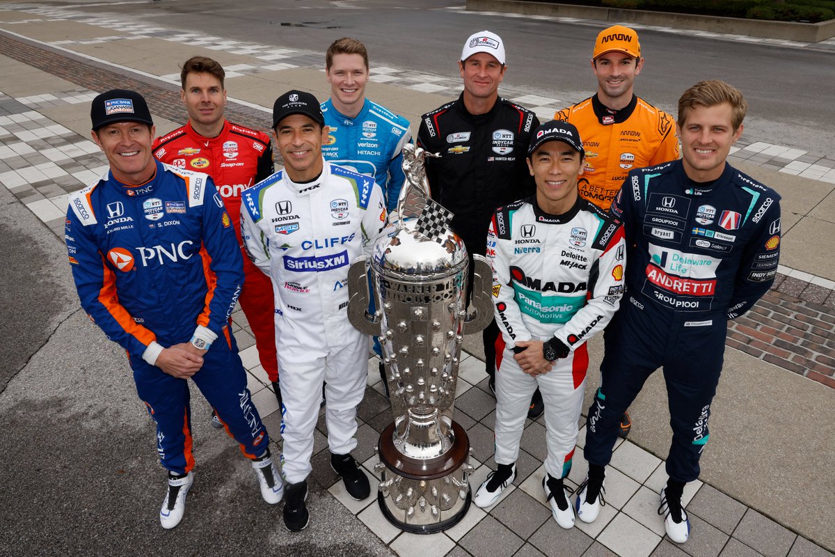 Early onset nostalgia - 1 week ago today🤩 #Indy500 winners attempting to win The Greatest Spectacle In Racing once again with the historic Borg-Warner Trophy. 8 drivers, 7 teams - @CGRTeams @MeyerShankRac @RLLracing @AndrettiGlobal @Team_Penske @DreyerReinbold @ArrowMcLaren 🏆