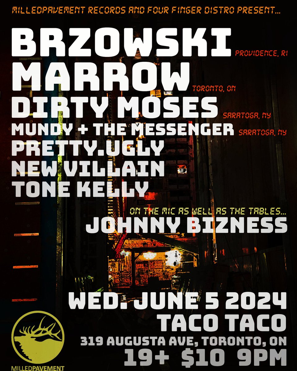 06.05 in Toronto. Gonna be smashing mics at <a href="/tacotacoTO/">TacoTaco</a>
with a battalion of others$10. Doors at 9pm.

Come through if youre in Toronto that Weds! 

<a href="/milledpavement/">Milled Pavement Records</a> <a href="/4FingerDistro/">Four Finger Distro</a> 
#show #livemusic #torontohiphop #uscanada #undergroundhiphop #hiphop #rap #tour #ontario #rapshow