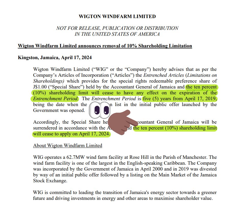 Wigton Windfarm Limited - $WIG.ja – Cessation of the Limitation on Shareholdings As mentioned earlier today… It's the end of an era…⌛ …and the start of a new one 🌱 Details at mymoneyja.com/stock/WIG?ref=…