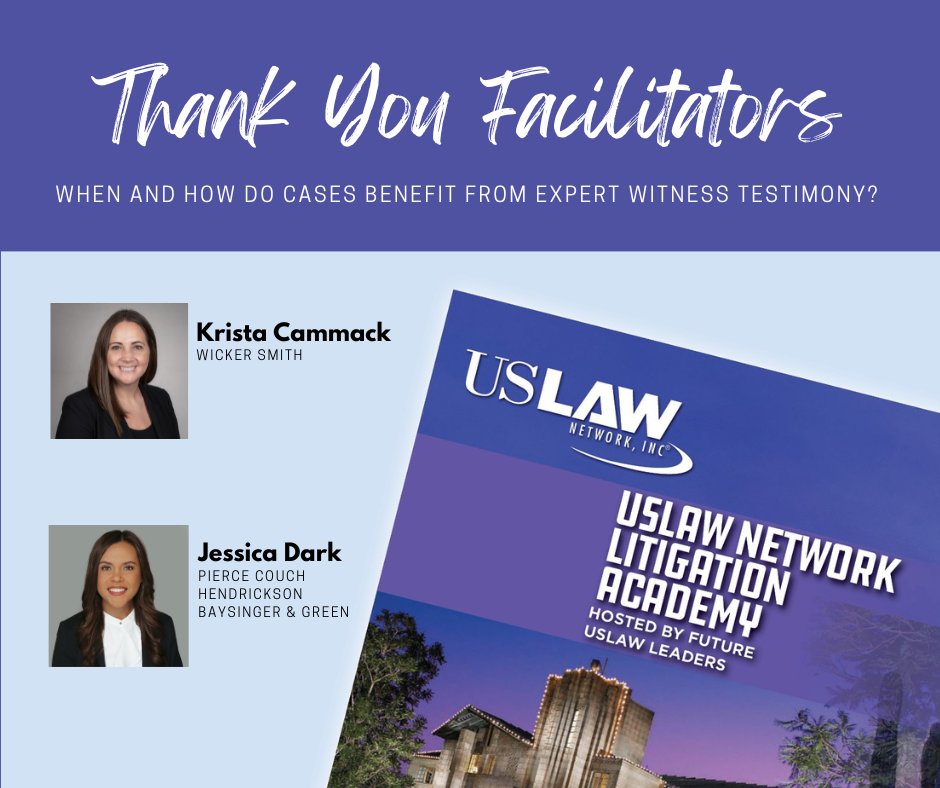 Thank you Krista Cammack from Wicker Smith and Jessica Dark from @piercecouch for kicking off our discussion of expert witness testimony at the 2024 USLAW Litigation Academy Hosted by Future USLAW Leaders. #USLAWLitigationAcademy
