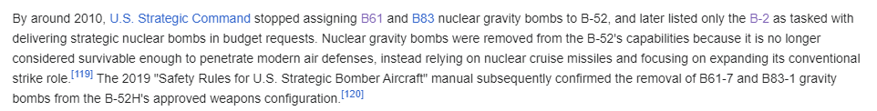 @RyanMcbeth @ChuckCallesto @CommunityNotes Isn't it also true that those cruise missiles can only be conventional tipped AGM86 ALCM or AGM158 JASSM, and that B52 doesn't even currently carry any nuclear bombs?
