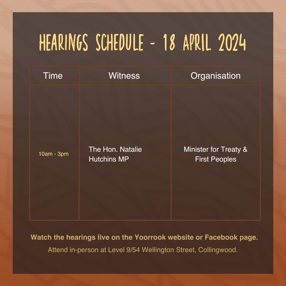 Today commissioners will hear from The Hon. Natalie Hutchins MP, Minister for Treaty & First Peoples. Anyone can come to Yoorrook and watch the hearings in-person at level 9/54 wellington street, Collingwood. Follow us to stay updated on hearings and truth-telling. #Hearings