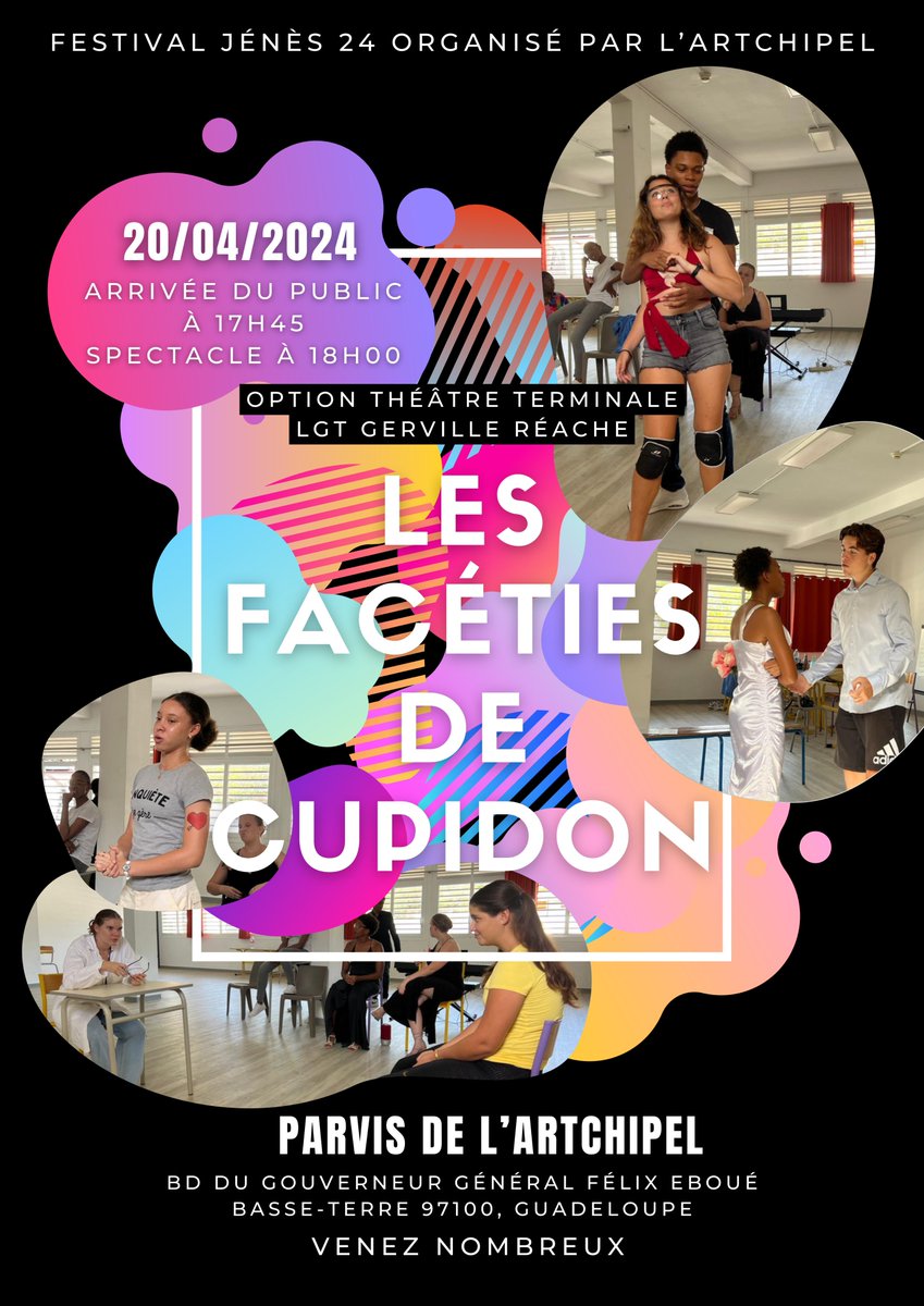 Les élèves de l'option Théâtre du @LyceeReache et leur enseignante Mme Mender sont heureux de participer au Festival Jenès organisé par @LArtchipel_SN Ils vous proposeront Les Facéties de Cupidon juste avant le spectacle Maïwen 16 ans 1/2 de Magali Solignat et Charlotte Boimare.