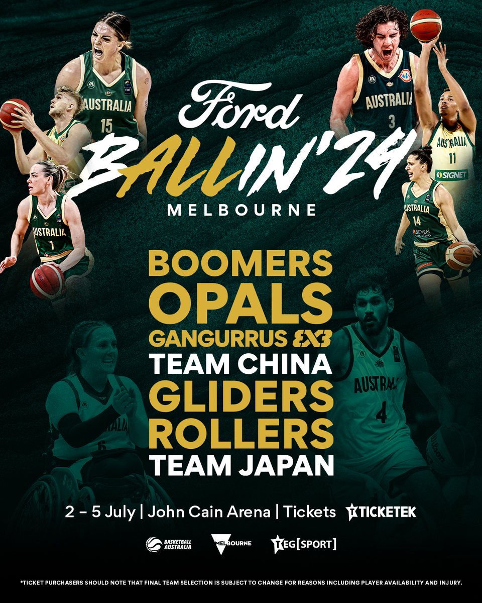 Australia is BALLIN’! Come see your Boomers, Opals, Gangarrus (3x3), Rollers and Gliders as they play in Melbourne July 2nd – 5th at John Cain Arena. GA Tickets available Tuesday 23rdApril 10am AEST @Ticketek_AU. #WeAreBasketball #Ballin24 @FordAustralia #VisitMelbourne