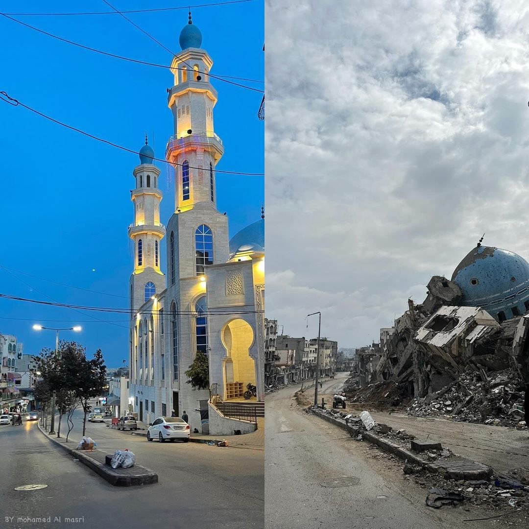 Bu, Gazze'nin kuzeyindeki Beit Lahia'da bulunan Salim Abu Musallam Camii'nin İsrail savaş uçakları tarafından tamamen yıkılmadan önceki ve sonraki hali. İsrail sadece mahalleleri ve konutları yok etmekle kalmıyor, aynı zamanda anıları ve tarihi eserleri de çalıyor.