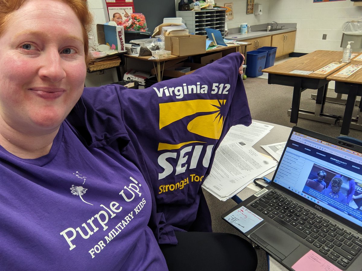 It's a good day to #PurpleUp, both for military-connected students and in support of the @SEIUVA512 Fairfax members seeking a fully-funded MRA from the Board of Supervisors.  Cheering you all on from my classroom this evening.