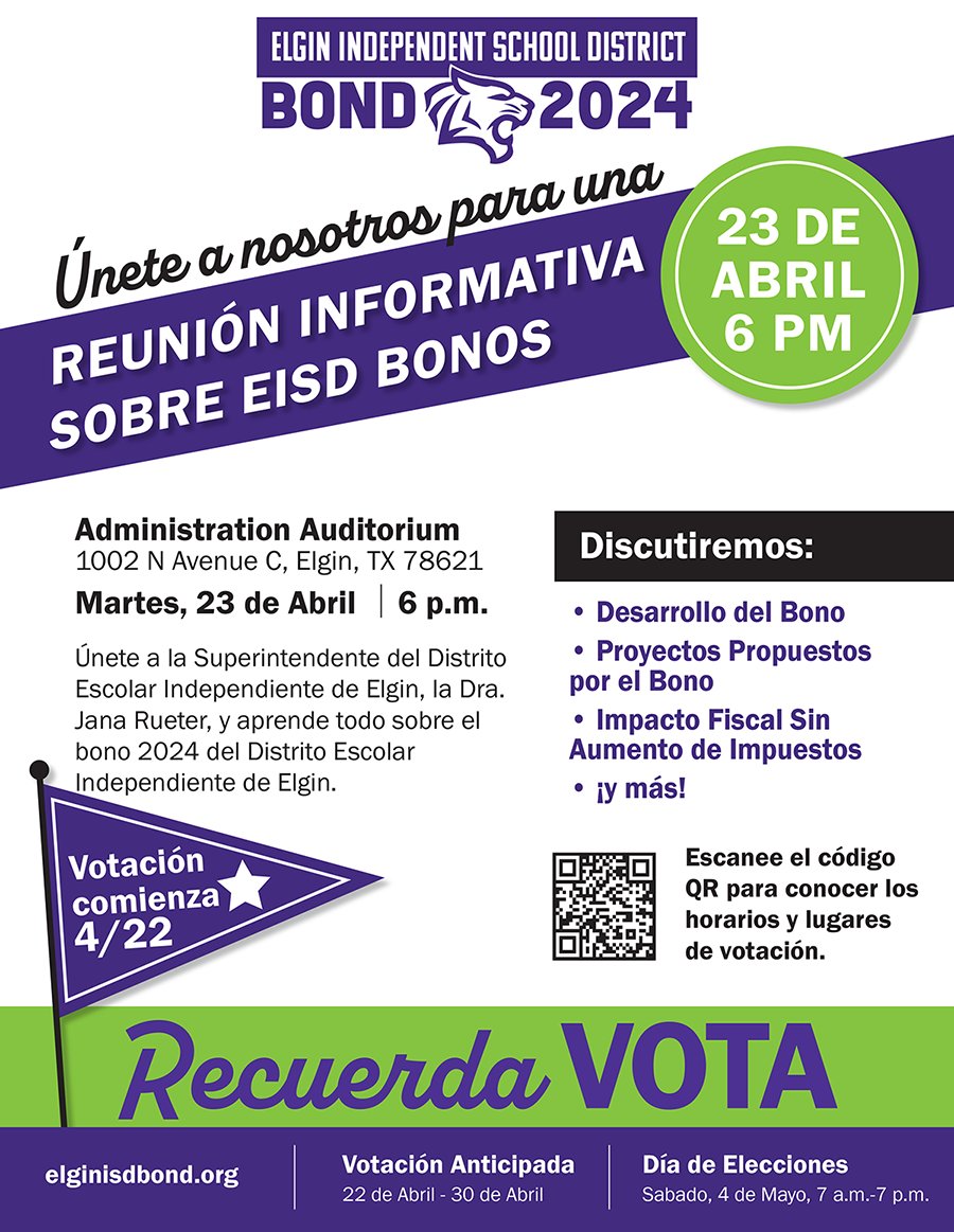 We invite you to a community meeting with Superintendent Dr. Rueter at 6 p.m. Tuesday in the Elgin ISD Admin auditorium. Dr. Rueter will share information about the Elgin ISD bond. Early voting is April 22-26 and 29-30, and Election Day is May 4. More: elginisdbond.org