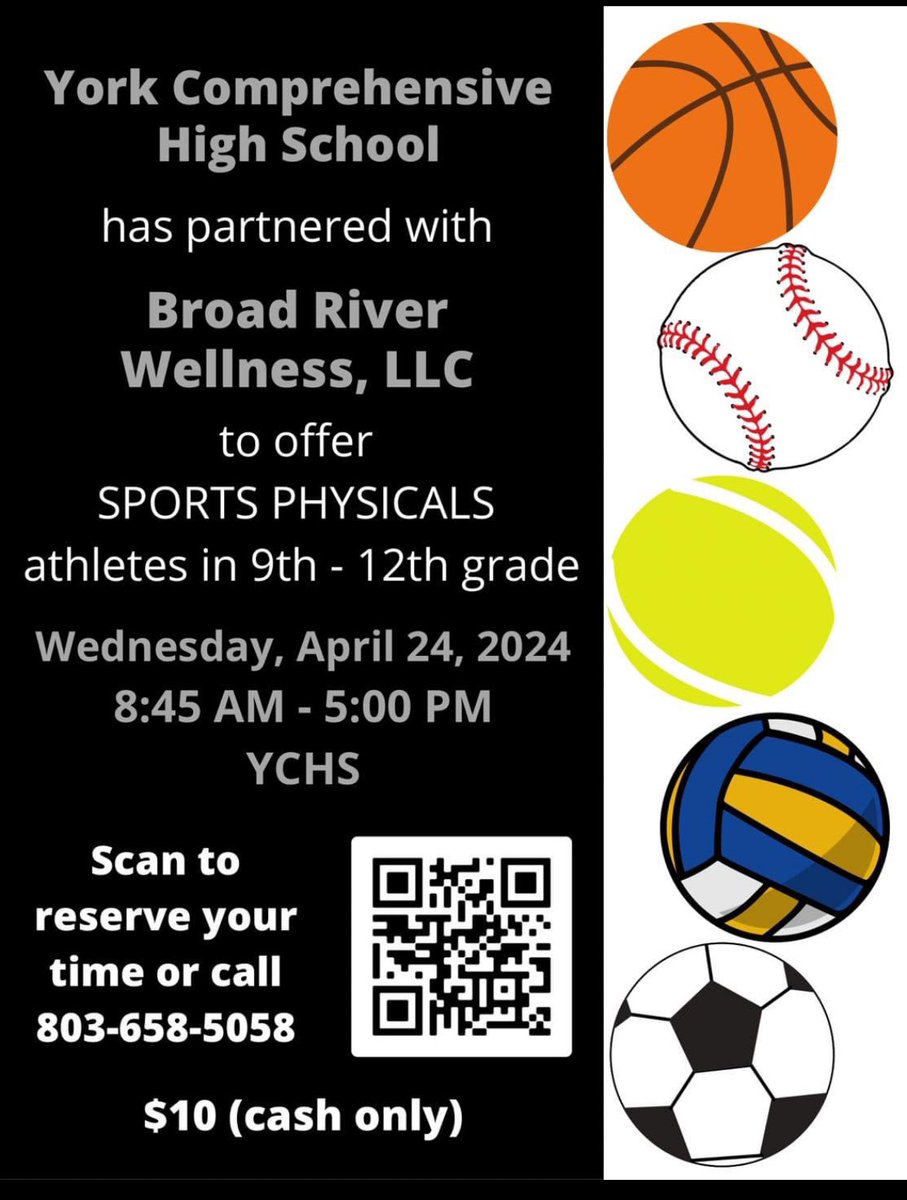 Physicals next Wednesday @York1YCH!! Thank you Broad River Wellness for helping put our athletes!!