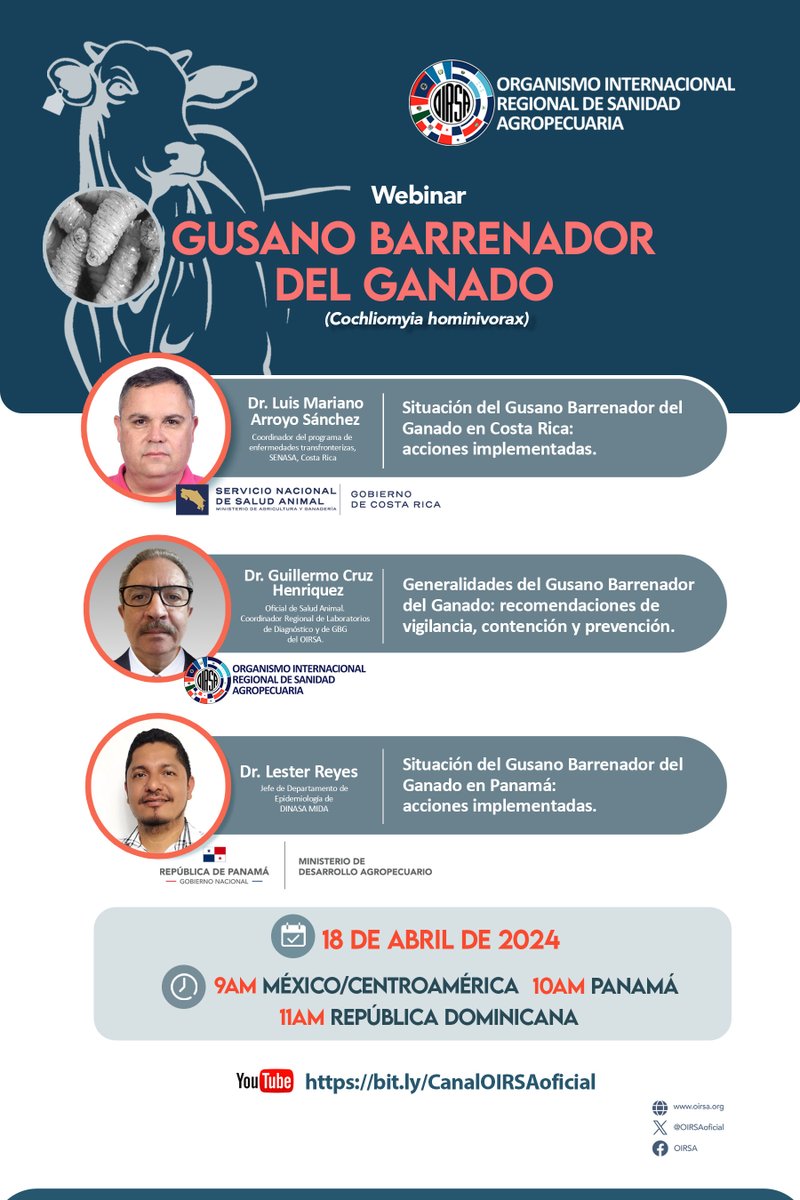 ¡No lo olvides! Se viene el #Webinar 💻 sobre la enfermedad del Gusano Barrenador del Ganado 🪰 🗓️ ¡Mañana! Jueves, 18 de abril. ⏰: 9:00 a.m. 🇲🇽 (Centro de MX) 🇧🇿🇬🇹🇸🇻🇭🇳🇳🇮🇨🇷 10:00 a.m.🇵🇦 11:00 a.m.🇩🇴 Transmisión: bit.ly/WebinarGBG