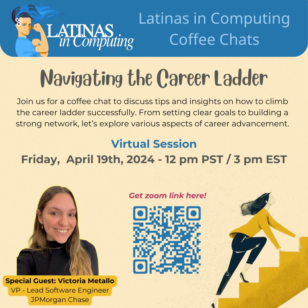 Tune in to our monthly Cafecito this Friday,  April 19th, 2024 - 12 pm PST / 3 pm EST! Victoria Metallo, VP and Lead Engineer @ JPMorgan Chase is joining us as our special guest for this informal chat around "Navigating the Career Ladder". Zoom link =&gt; bit.ly/LiCCafecitoApr…