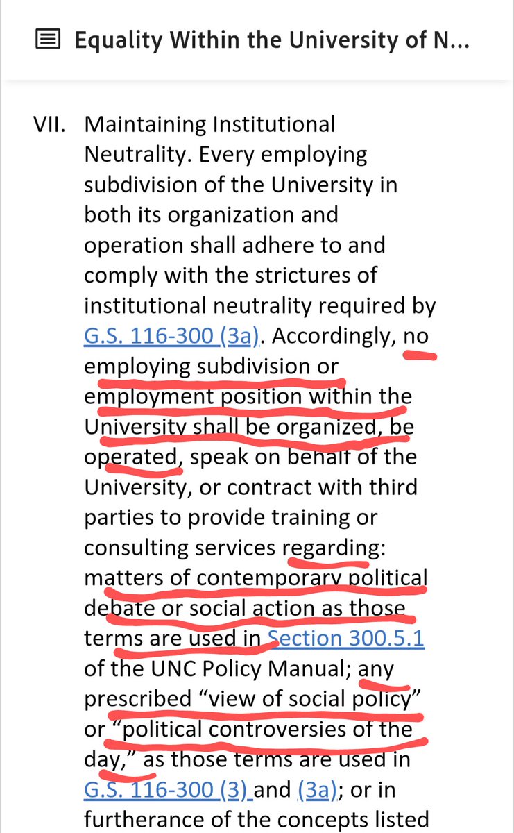 The lead story from today's #UNC Brd of Governors mtg is the move to repeal DEI policy. But note this slipped-in gem about 'institutional neutrality.' This language would put *lots* of units out of business - ones that have nothing to do with #DEI. I'll explain.