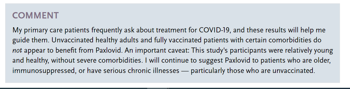 PAXLOVID: @NEJM often does a great job at putting studies into context with commentary from astute clinicians. This is the commentary on the EPIC-SR study & how this clinician (Dr. Brett U Colorado) thinks about Paxlovid now jwatch.org/na57305/2024/0…