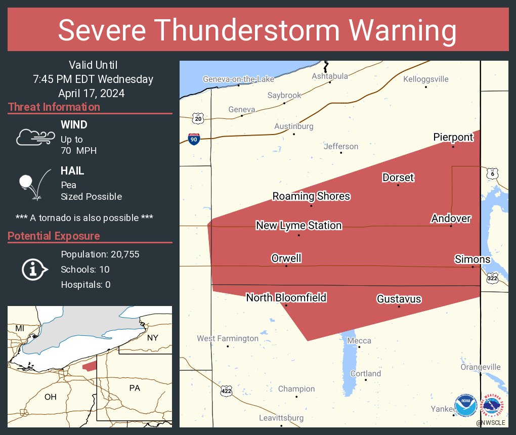 Severe Thunderstorm Warning continues for Orwell OH, Roaming Shores OH and Andover OH until 7:45 PM EDT. This storm will contain wind gusts to 70 MPH!