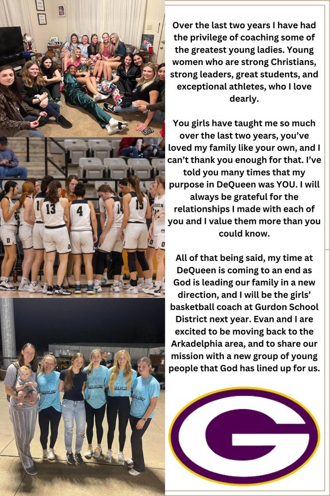 MrsCoachSpears's tweet photo. After prayer and careful consideration it is clear God has a new path ahead of our family. I will forever cherish my time at DeQueen, and look forward to getting started at Gurdon!

Be Great! https://t.co/k9khF9MvNg