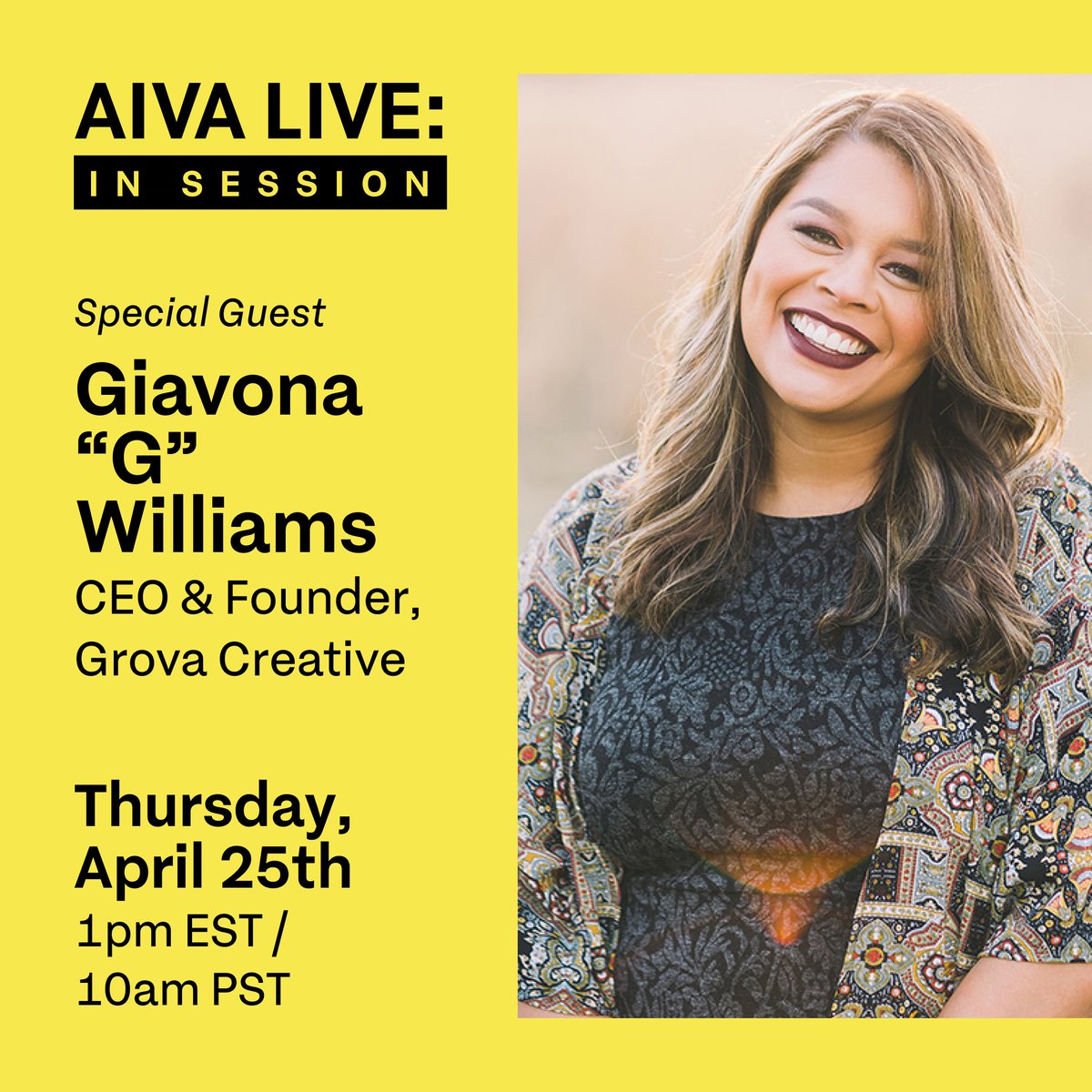 We're thrilled to announce that our CEO, G, will be featured on the next installment of AIVA Live: In Session with Giavona Williams! 🗣️🎙️

See you there on Thursday, April 25th, at 1pm EST!

🔗 linkedin.com/events/aivaliv…

#ceospotlight #ceotalk #livesession #aiva #linkedin #aivalive