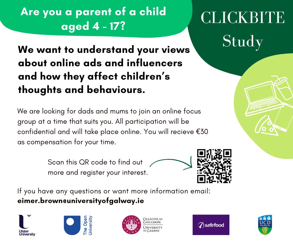 If you are a parent of a child aged 4-17, researchers in #UCDSPHPSS, The Open University, University of Galway and Ulster University, invite you to take part in an online focus group about digital food marketing as part of a Safefood study. Find out more⬇️