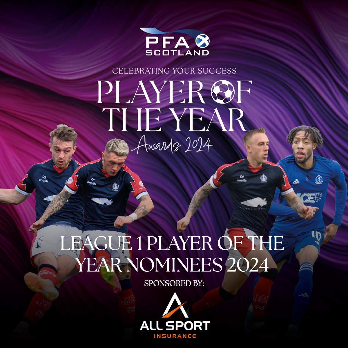 PFAScotland's tweet photo. PFA Scotland League 1 Player of the Year Nominees, sponsored by @Allsportinsure 🏆

As voted by the players...

Brad Spencer - @FalkirkFC 
Callumn Morrison - @FalkirkFC 
Calvin Miller - @FalkirkFC 
Rumarn Burrell - @CoveRangersFC 

#PFASAwards https://t.co/VXnkousU7P