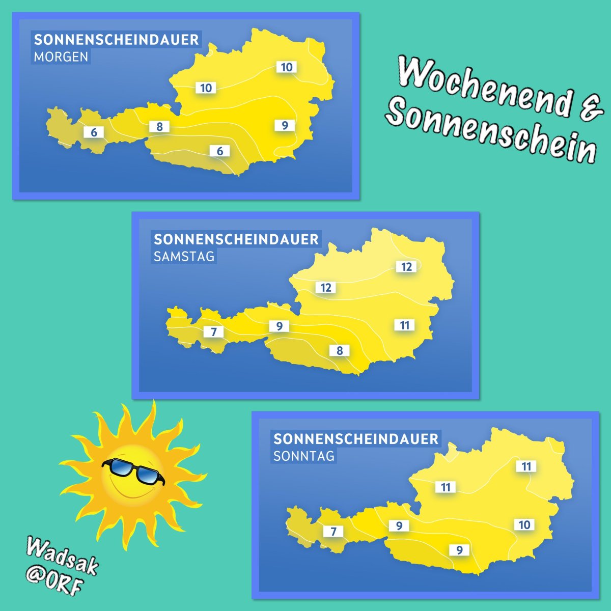 Das Wochenende wird freundlicher, sonniger und langsam auch wärmer - hier siehst Du wie viele Sonnenstunden sich in den nächsten Tagen bei Dir ausgehen werden: