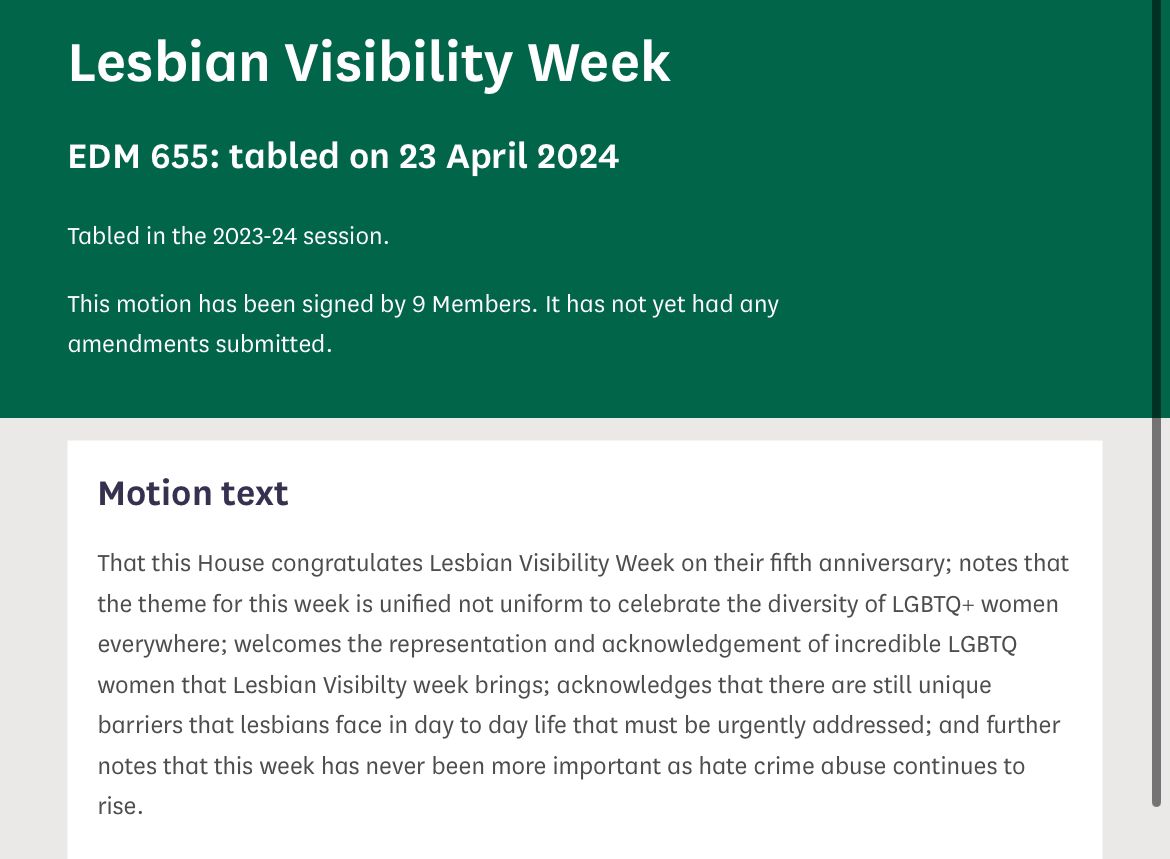 This #LesbianVisibilityWeek focuses on celebrating the diversity of lesbians and other LGBTQ+ women everywhere🧡🩷🤍 🏳️‍🌈🏳️‍⚧️ But as hate crime continues to rise we must also acknowledge the unique barriers that lesbians still face I’ve tabled EDM 655 to recognise #LVW24 👇