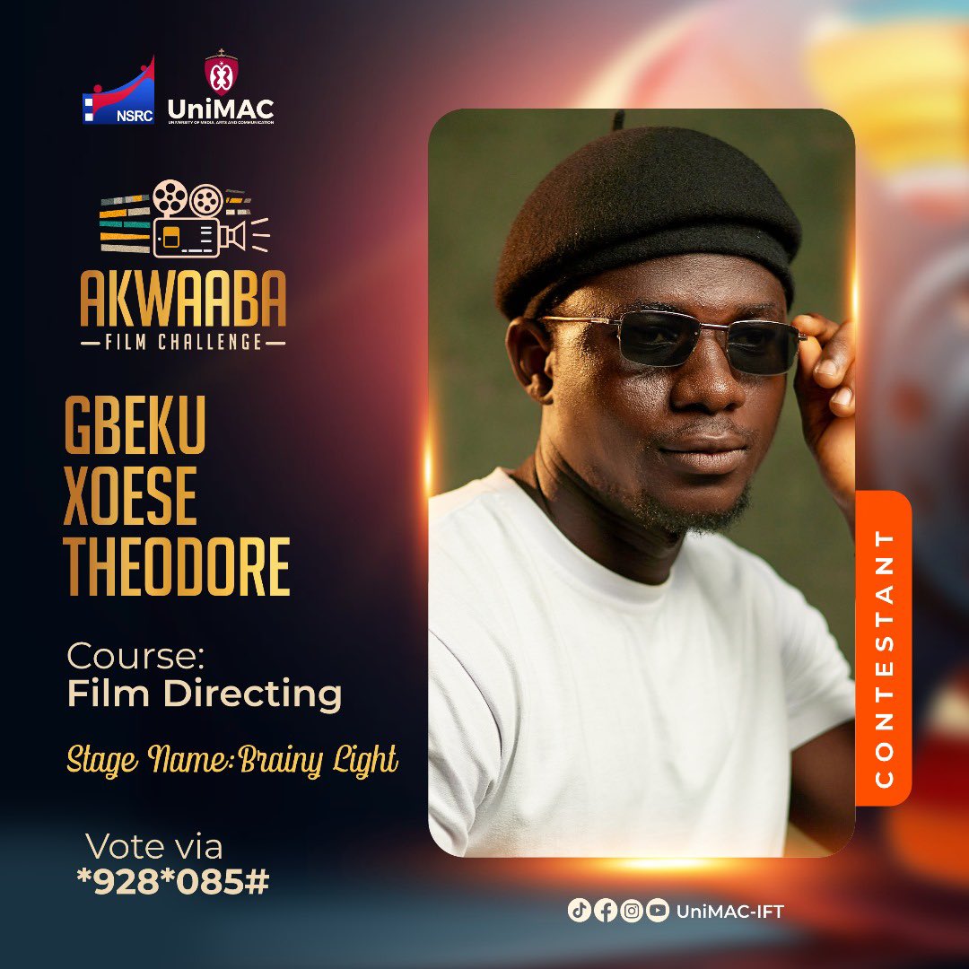 UnimacIFTSrc's tweet image. Introducing Brainy Light, a level 100 Film Directing Student of Unimac - IFT. 🎬
Vote Via - *928*085#
Join us for the Akwaaba Film Challenge on May 11th, 2024, at Accra Metropolitan Assembly ( Omanye Aba Hall ), 6pm.
#AkwaabaFilmChallenge
#FilmFestival
#UnimacIFTSRC
