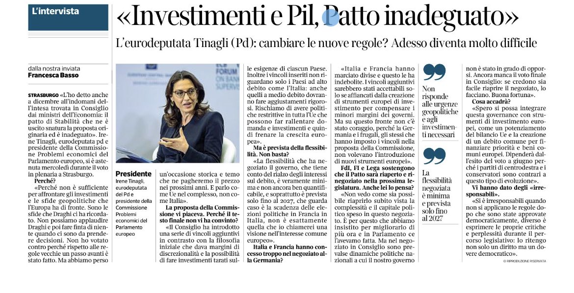 Perché il Pd si è astenuto sulla riforma del Patto di stabilità votata dalla plenaria del Parlamento Ue? Lo spiega ⁦@itinagli⁩ oggi sul ⁦@Corriere⁩