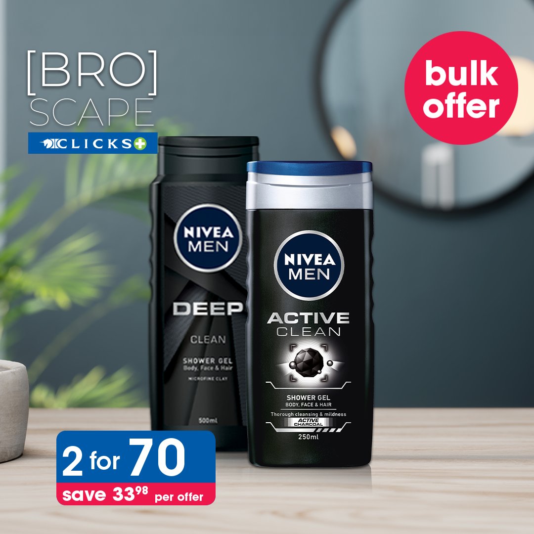 Clicks_SA's tweet photo. Elevate your shower game and experience the ultimate clean with Nivea Men’s Deep and Active Clean ranges. 🚿💪

Shop our Bulk offer at BroScape and get 2 shower gels 250ml for just R70. Offer valid in store and online. -> https://t.co/aGMFeehFTQ

#NiveaMen #BroScape https://t.co/KfWcdVcEjk