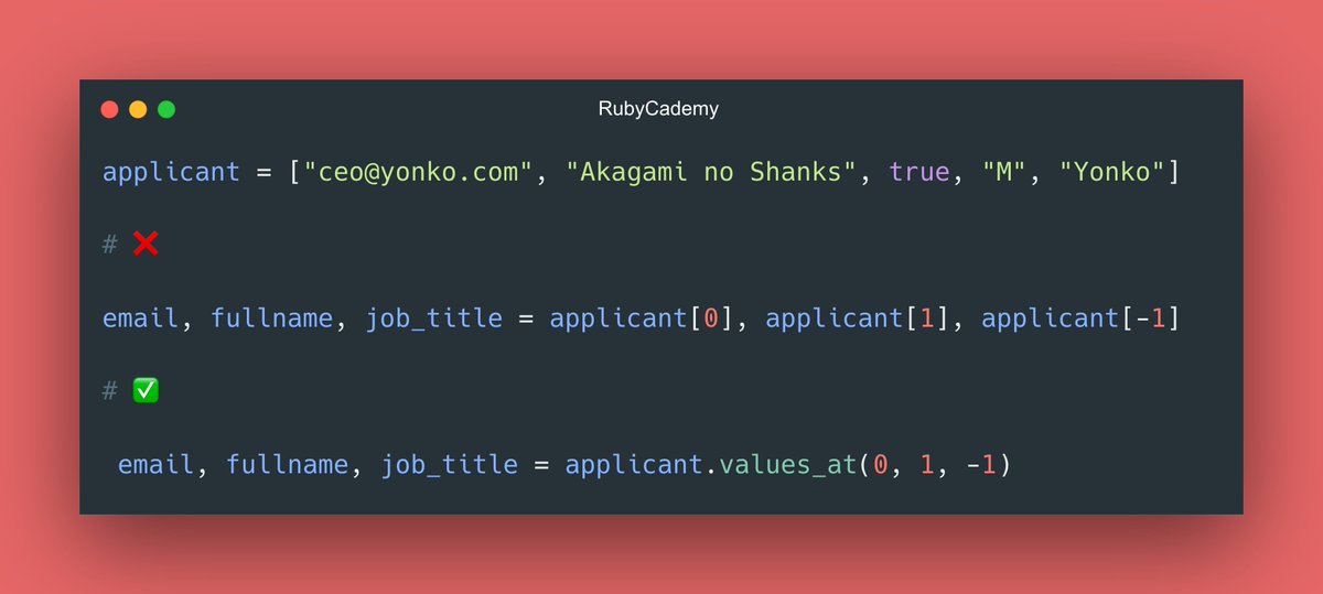 ✨ RAILS PRO TIPS ✨ Use values_at to fetch specific elements from an array in a clear, concise way ✨💫 #ruby #rubyonrails
