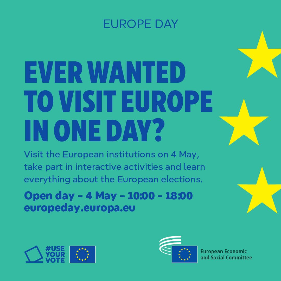 #EuropeDay is here! On 4 May, we open the doors to the public. Explore our work, the only EU institution representing #EUCivilSociety. Enjoy: 1⃣ lively discussions with our members; 2⃣ interactive knowledge games; 3⃣ activities for kids. 👉 europa.eu/!7GcfrP #UseYourVote