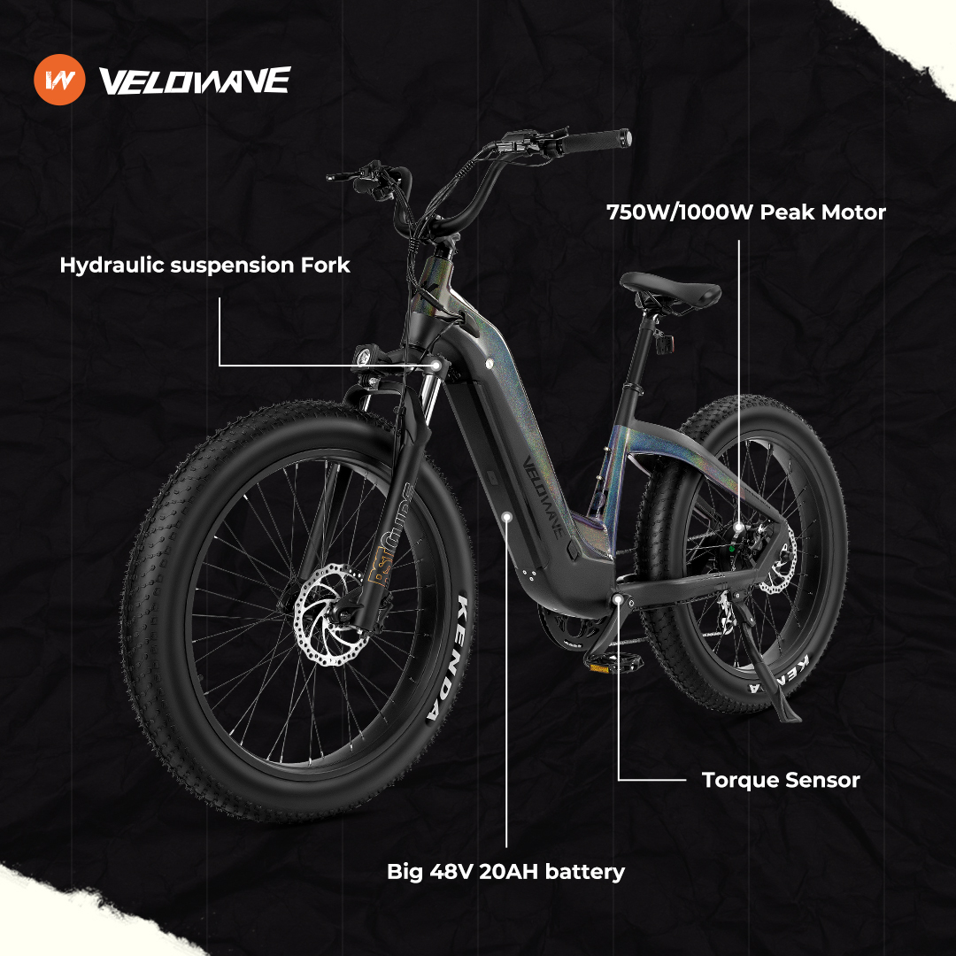 Our Ranger Step-Thru PRO, also known as Grace, features the largest battery among the other models 🚴‍♂️Combined with the torque sensor and 1000 peak motor, it makes the perfect combination of price and quality. 
#ebike #RangerElectricBike #velowave #RideRechargeRepeat