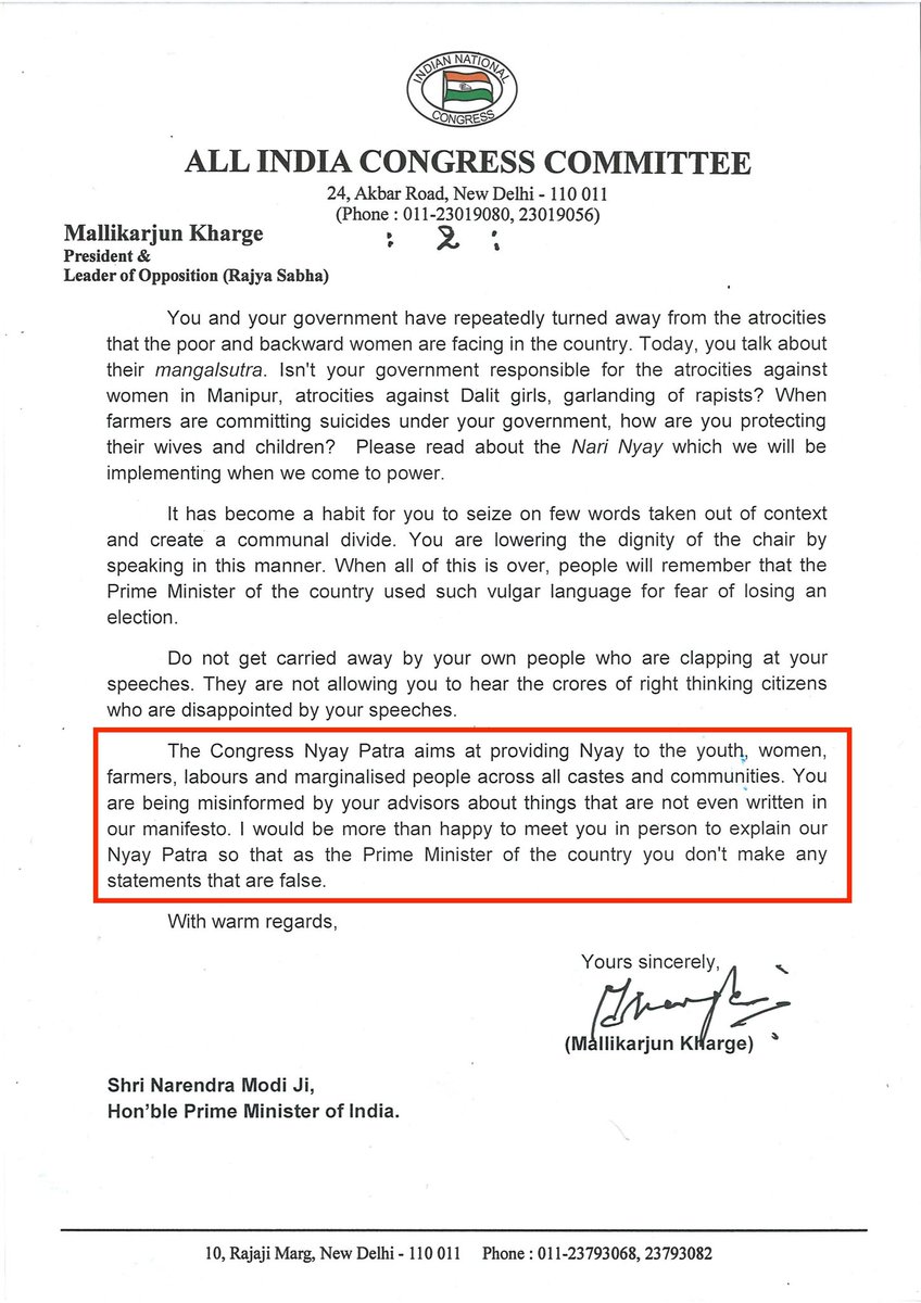 Congress President Mallikarjun @kharge ji has just written to the PM saying that he would be happy to meet him to explain the reality of the #CongressNyayPatra which Mr. Modi may have missed in his persistent efforts to distort and defame it. Here is the letter.