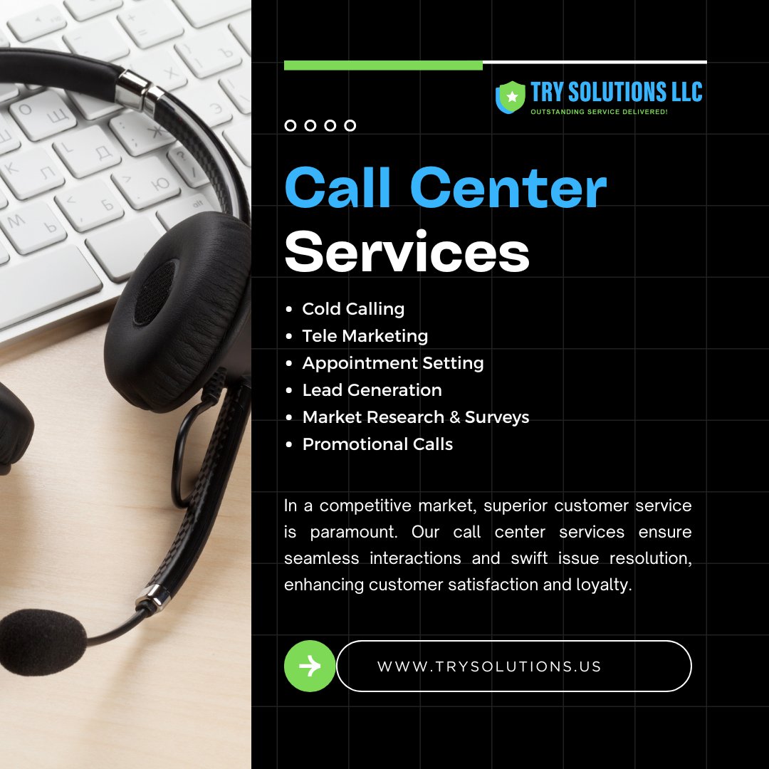 Contact to know more

trysolutions.us

#getstarted #ordernow #recommended #CustomerService #callcenter #topservice #AppointmentSetting #customersupport #promotionalcalls #backofficeteam #LeadGeneration #AnsweringService #inboundcalls #trysolutions