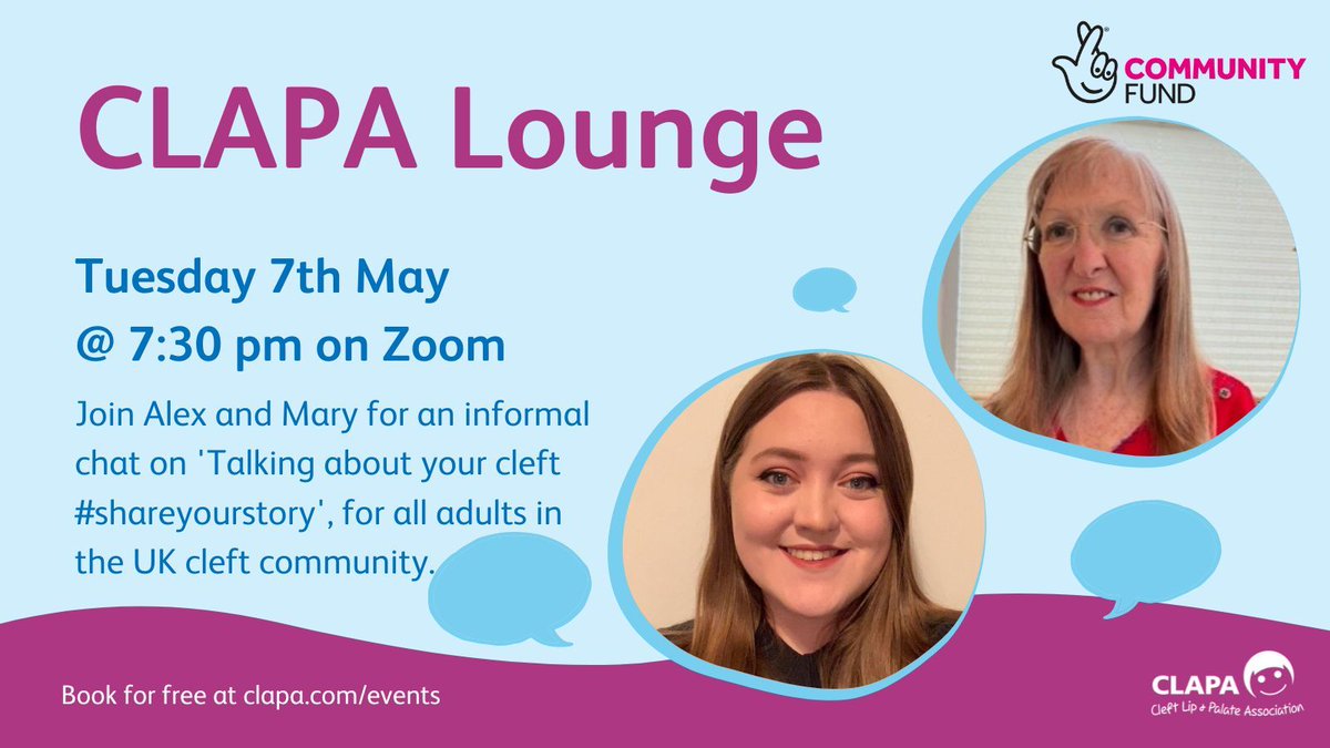 We have spaces available at our next CLAPA Lounge 📆 What better time to join and discuss 'talking about your cleft' than during Cleft Lip and Palate Awareness Week (4th – 12th May.) 💬 ⏰ Tuesday 7th May, 7.30pm on Zoom Book for free: buff.ly/49QHktp