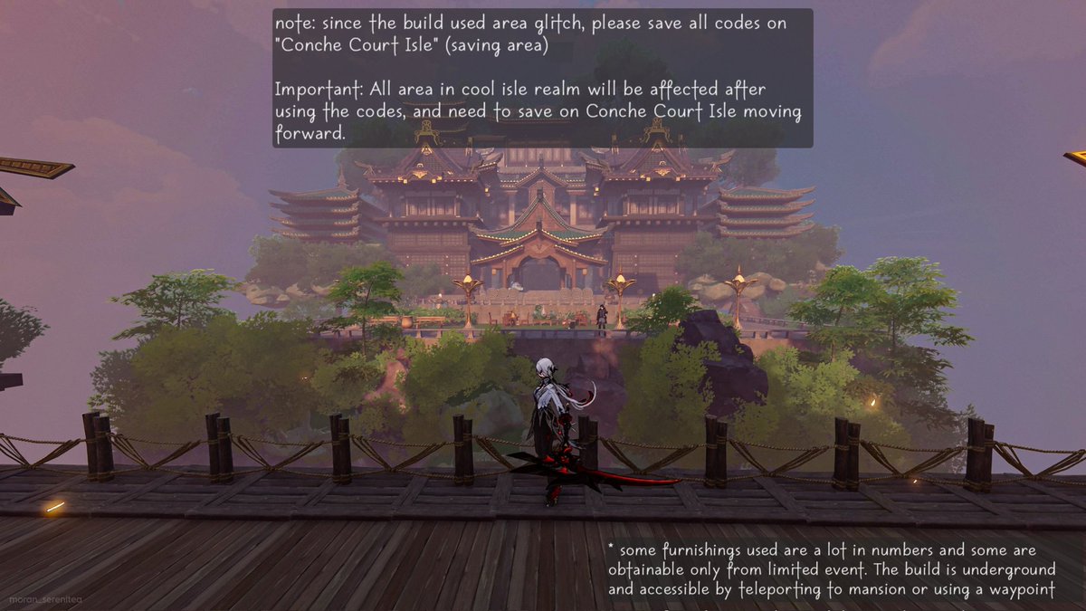 ~the forbidden palace~

note: this build used 3 area load glitch

Replica ID: Asia
739548434114- conche court isle
730958499522- mirage isle
735253466818- letter isle

available til: 06/30/24

#原神 #塵歌壺 #sereniteapot #原神ハウジング #GenshinImpact