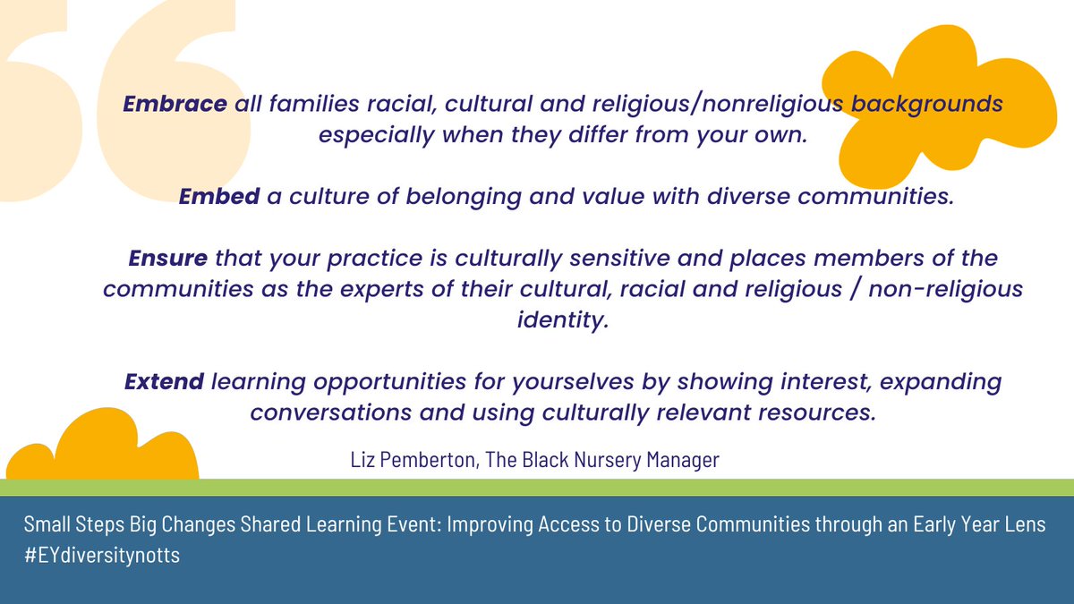 #EYdiversitynotts: Liz Pemberton, Dir. of Black Nursery Manager Training & Consultancy, explores how we can build more inclusive environments for racially minoritised children & families through the four E’s of anti-racist practice. @lizpemtbnm #EarlyYears